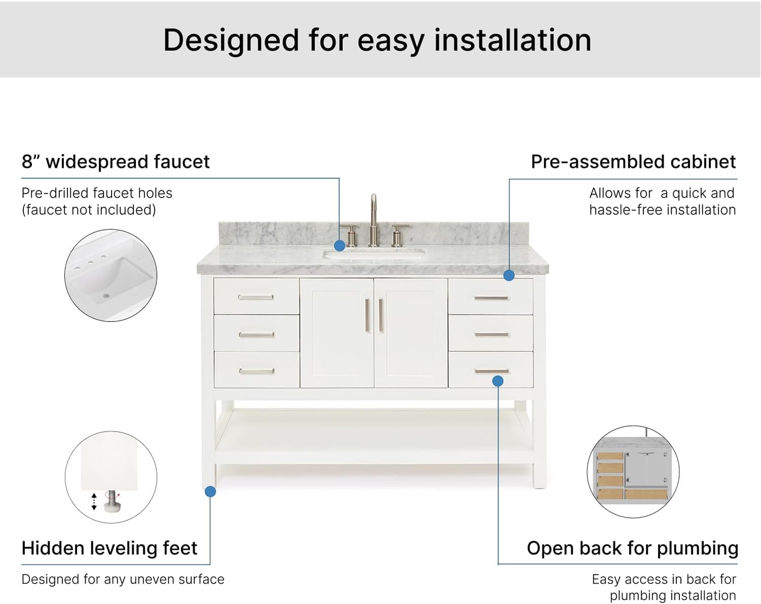 ARIEL Magnolia 54-inch Bathroom Vanity with Sink,Solid Wood, 1.5-inch Italian Carrara Marble Countertop, Single Rectangular Porcelain Sink, Soft Closing Doors, Dovetail Drawers, White