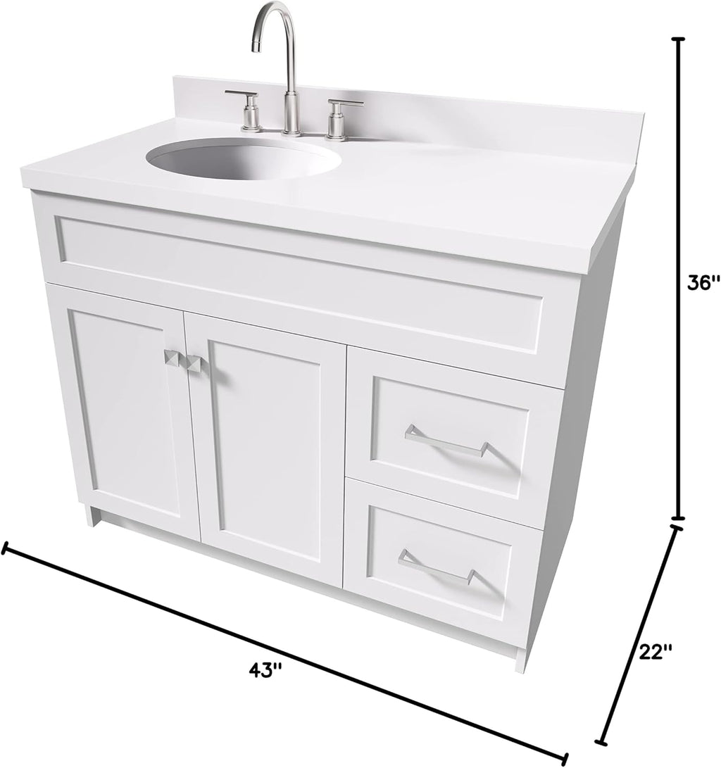 ARIEL Hamlet 43 in. Left Offset Oval Sink Vanity with 1.5' Inch White Quartz Countertop in White