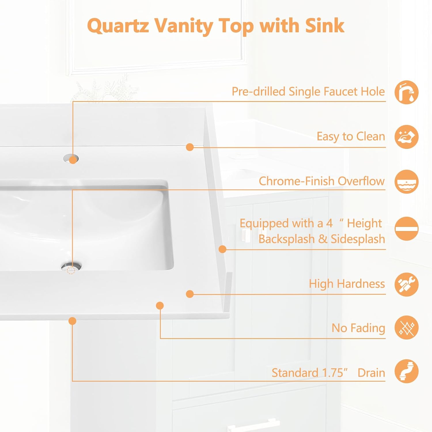 24' x 22' Vanity Top, Quartz Vanity Sink Top in Pure White, with One Sidesplash & One Backsplash, with Undermounted Rectangular Sink,Single Faucet Hole for Vanity Top with Sink