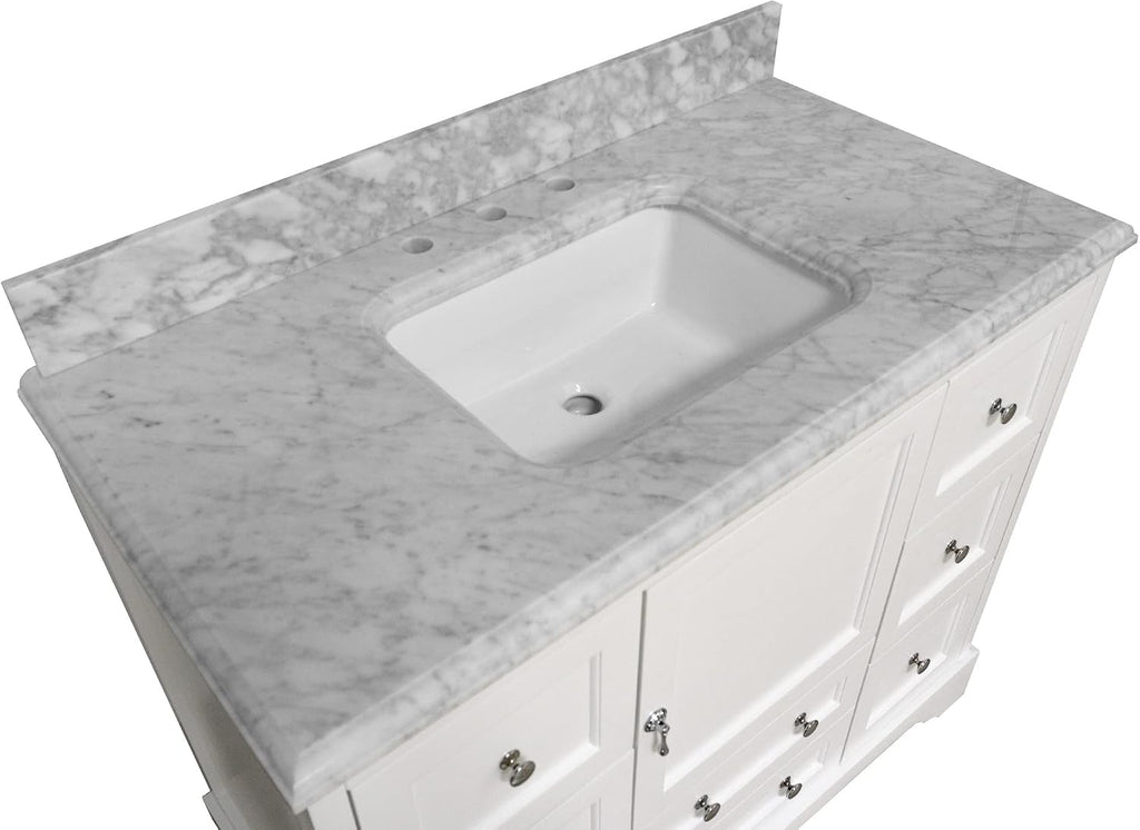 Madison 42-inch Bathroom Vanity (Carrara/White): Includes White Cabinet with Authentic Italian Carrara Marble Countertop and White Ceramic Sink
