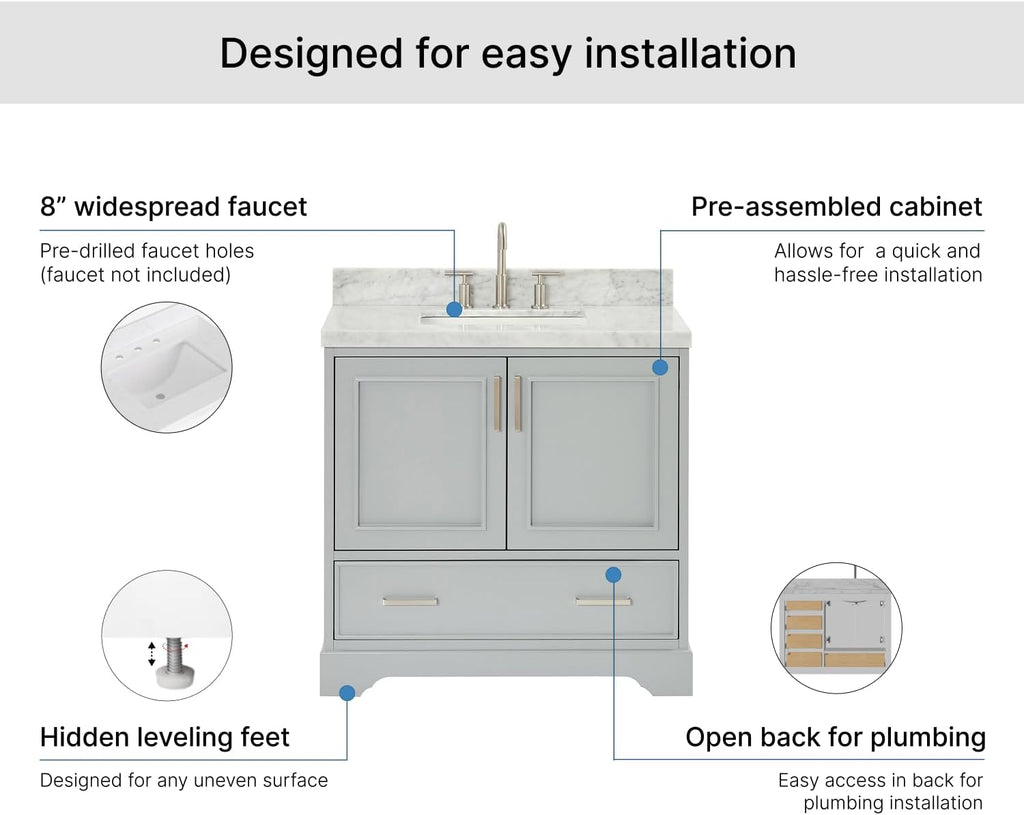 ARIEL Stafford 36-inch Bathroom Vanity with Sink,Solid Wood, 1.5-inch Italian Carrara Marble Countertop, Single Rectangular Porcelain Sink, Soft Closing Doors, Dovetail Drawers, Grey