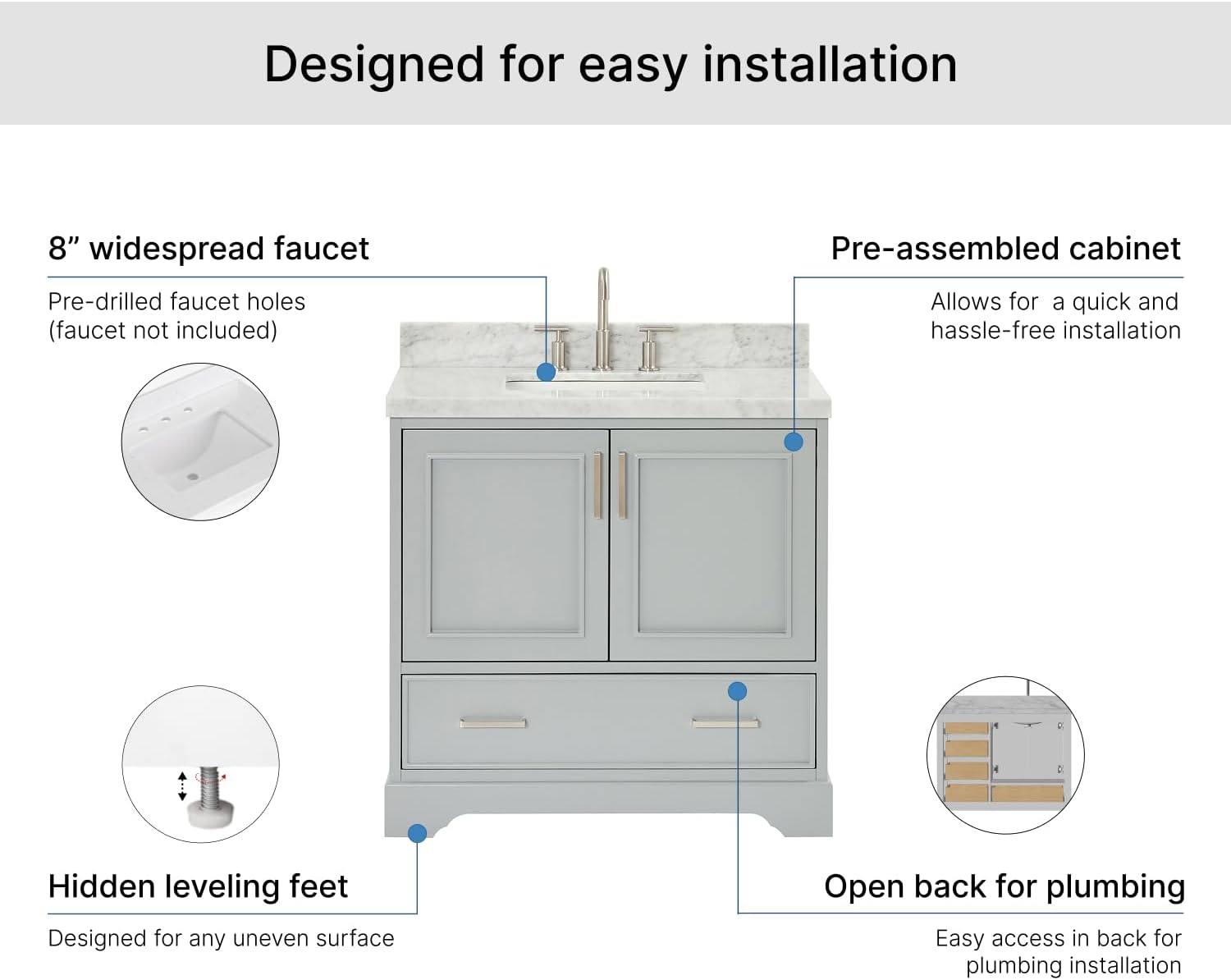 ARIEL Stafford 36-inch Bathroom Vanity with Sink,Solid Wood, 1.5-inch Italian Carrara Marble Countertop, Single Rectangular Porcelain Sink, Soft Closing Doors, Dovetail Drawers, Grey