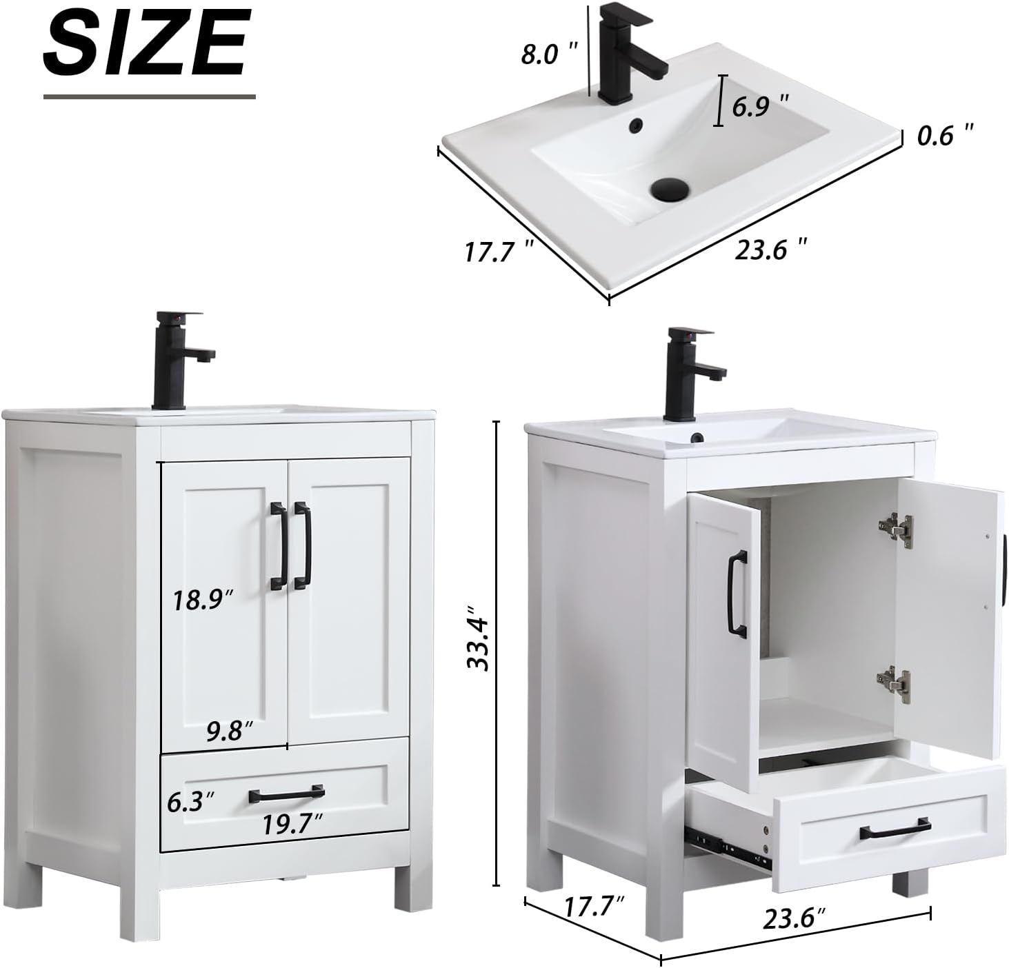 LUCKWIND 24' Bathroom Vanity and Sink Combos, Modern Bathroom Storage Painted Cabinet with Undercounter Ceramic Single Sink Top, Matte Black Faucet and Drawer, Mirror Not Included, White