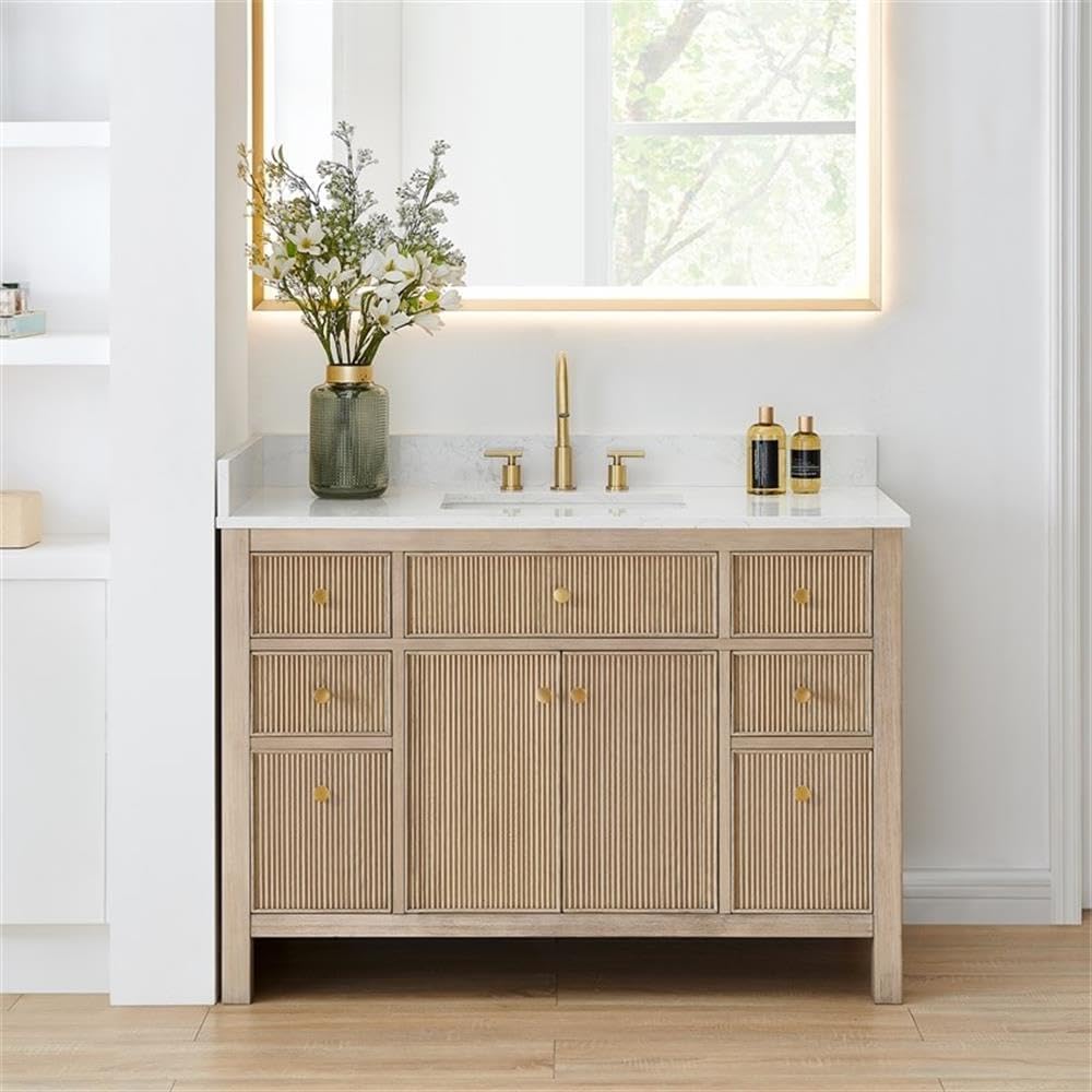 Pemberly Row 48' Bathroom Vanity, Natural Oak Finish, Engineered Stone Top, No Mirror, 7 Drawers, 2 Fluted Soft-Close Doors, Ceramic Undermount Sink, Contemporary Style Cabinet for Bathroom Storage