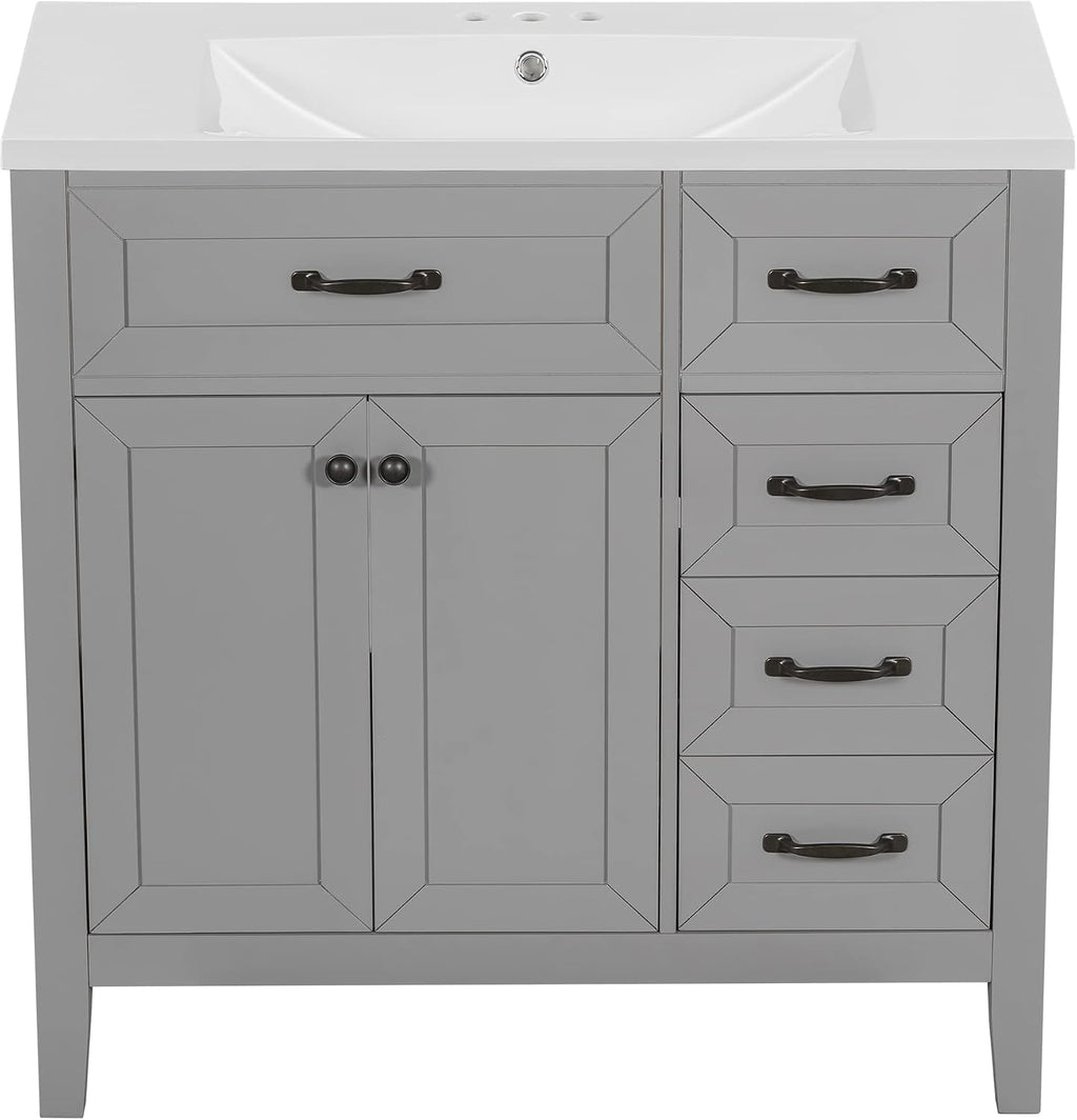 LUMISOL 36 Inch Bathroom Vanity with Ceramic Sink, Solid Wood Bathroom Storage Cabinet with 3 Drawers & 2 Doors, Freestanding Vanity, Grey