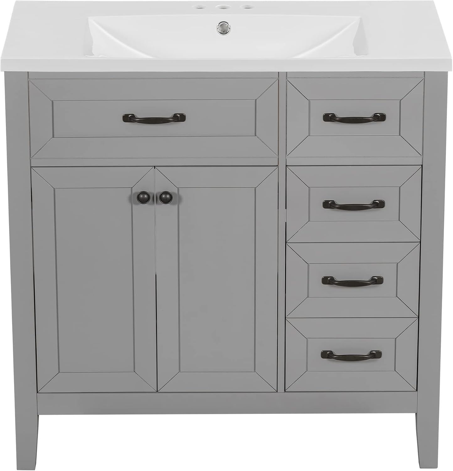 LUMISOL 36 Inch Bathroom Vanity with Ceramic Sink, Solid Wood Bathroom Storage Cabinet with 3 Drawers & 2 Doors, Freestanding Vanity, Grey