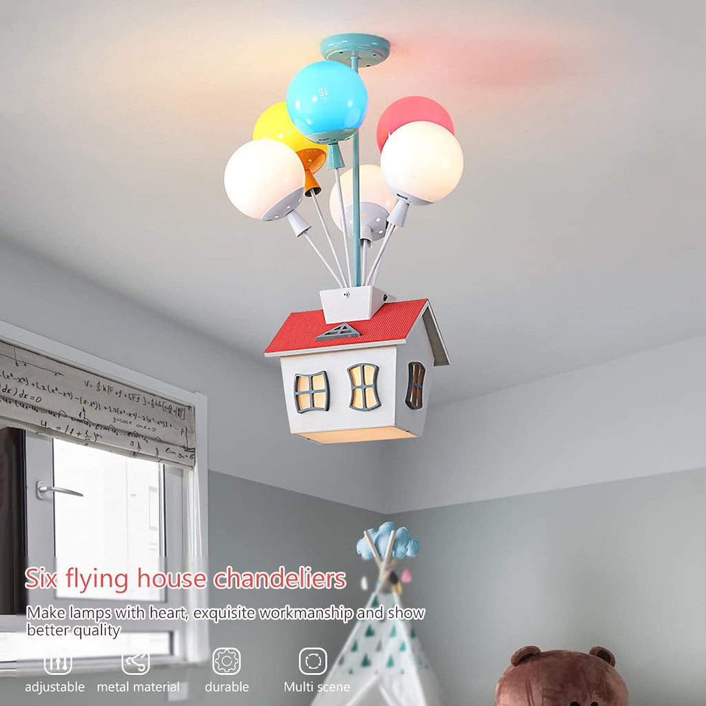 Kids House Shape Ceiling Light Colorful Balloon Wood Chandelier Cartoon House Shape with Acrylic lampshade Sputnik Ceiling Light for Girls Boys Kid's Bedroom (D18.1*H22.8IN (8 Light))
