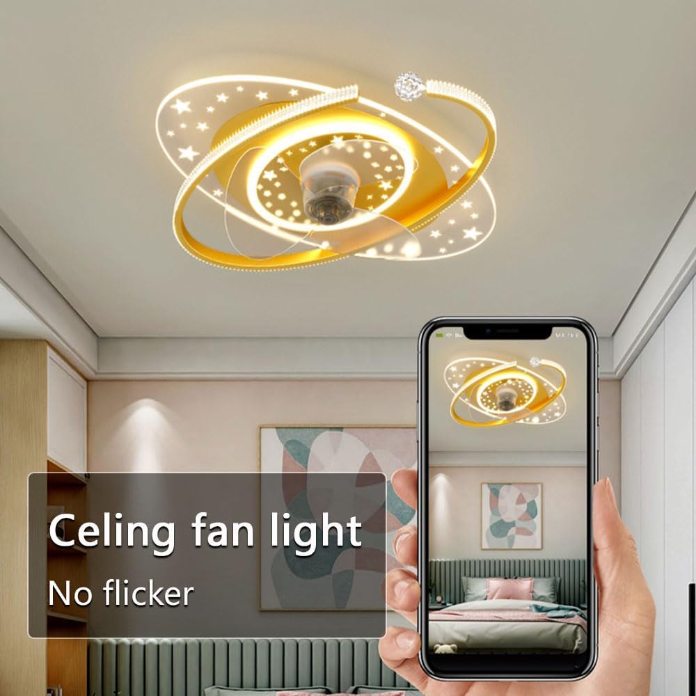 Indoor Kids Ceiling Fan with Lights Remote Dimmable 48W LED Ceiling Lights Fan Lighting Yellow Mute Ceiling Fans Indoor 6 Speeds Fan Ceiling with Light for Study Room Children's Bedroom