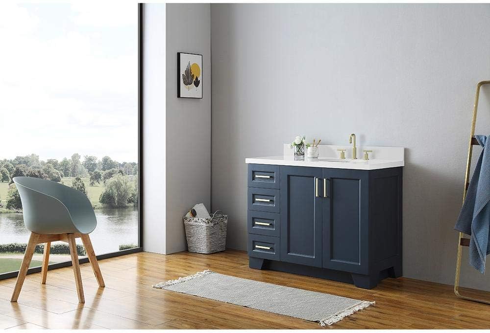 ARIEL Taylor 42-inch Bathroom Vanity with Sink,Solid Wood, 1.5-inch Pure White Quartz Countertop & Backsplash, Single Rectangular Sink, 2 Soft Closing Doors, 5 Dovetail Drawers, Midnight Blue