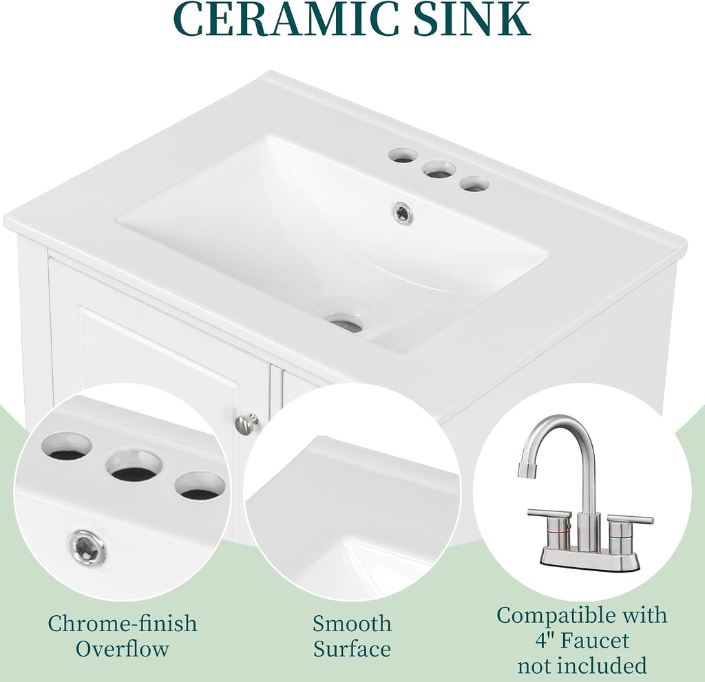 Mirightone 24' Vanity with Sink, Small Bathroom Vanities 24 Inch with Sink, Single Sink Bathroom Vanity with Door Shelf and Three Drawers, Restroom Vanity with Sink Top (White)
