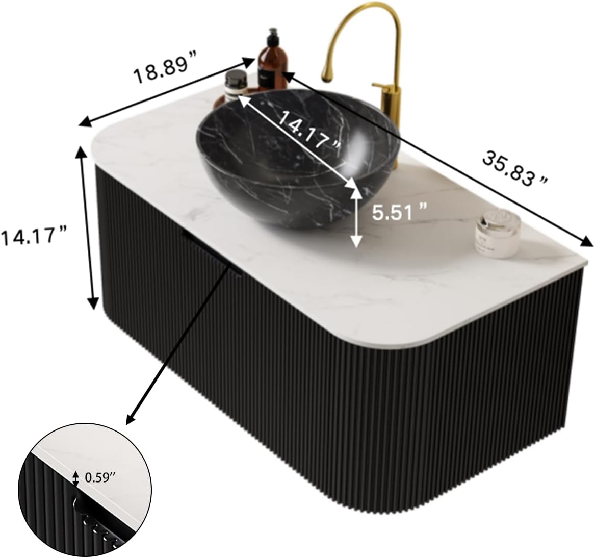 Yayzy 36' Floating Bathroom Vanity with Sink, Solid Wood Fluted Cabinet, White Marble-Patterned Ceramic Basin & Faux Marble Top, Soft-Close Drawer, Pre-Assembled, Gloss Black