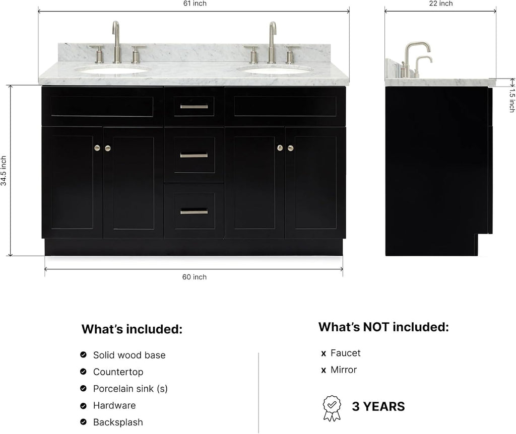 ARIEL Hamlet 60-inch Bathroom Vanity with Sink,Solid Wood, 1.5-inch Italian Carrara Marble Countertop & Backsplash, Double Oval Porcelain Sink, 4 Soft Closing Doors, 3 Dovetail Drawers, Black