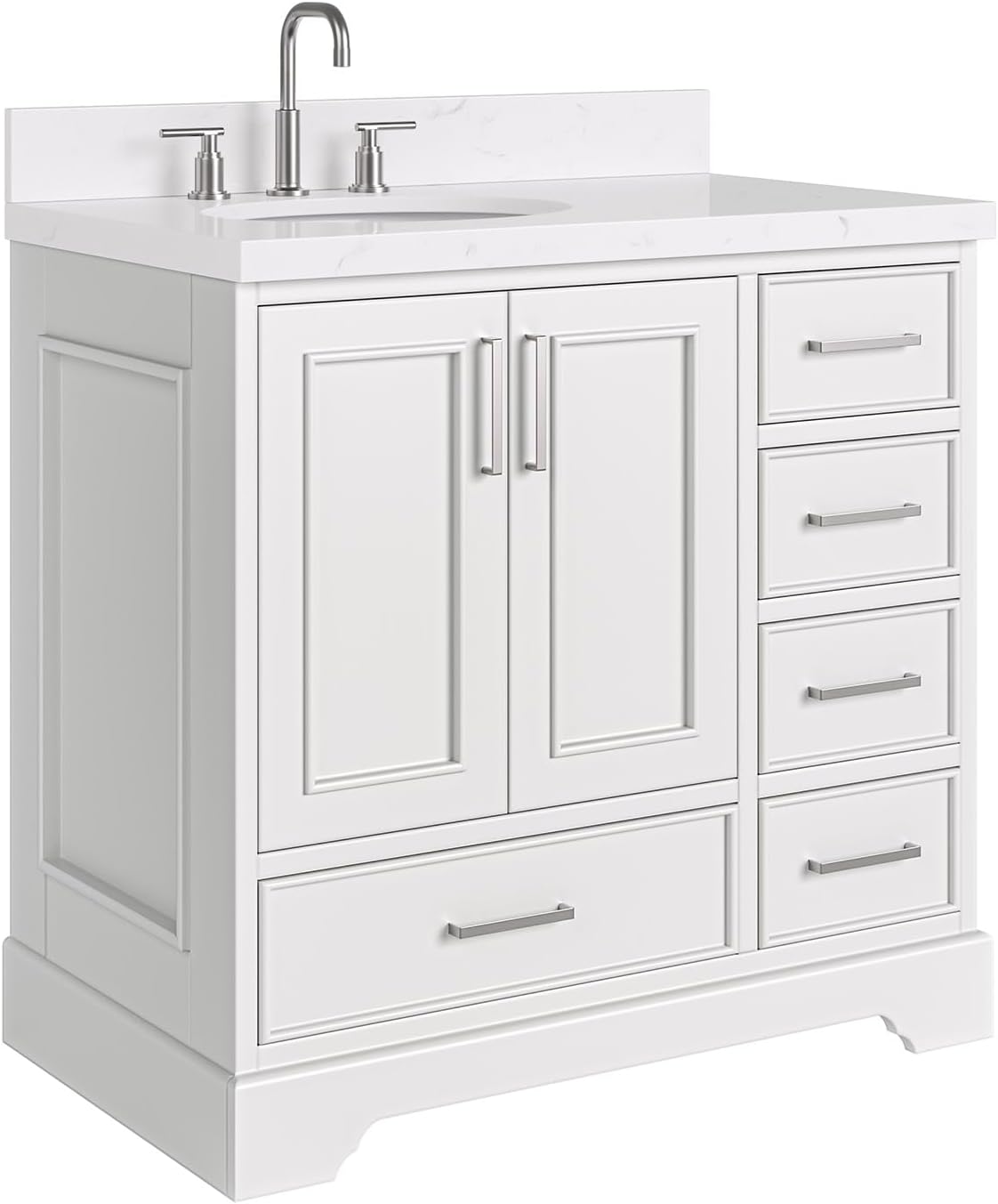 ARIEL Stafford 36-inch Bathroom Vanity with Sink,Solid Wood, 1.5-inch Carrara White Quartz Countertop, Single Oval Porcelain Sink, 2 Soft Closing Doors, 5 Dovetail Drawers, Midnight Blue