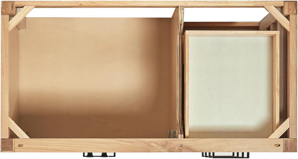 DKB Beckford 42-Inch Oak Bathroom Vanity with Sink, Pure White Quartz Countertop 1.5' Miter Edge & 4' Backsplash, Porcelain Sink, Soft Closing Door & Drawer, Matte Black Hardware