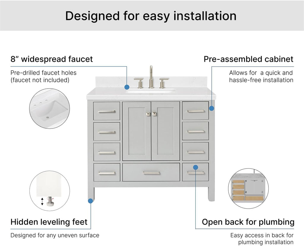 ARIEL Cambridge 42-inch Bathroom Vanity with Sink,Solid Wood, 1.5-inch Carrara White Quartz Countertop, Single Rectangular Porcelain Sink, 2 Soft Closing Doors, 9 Dovetail Drawers, Grey