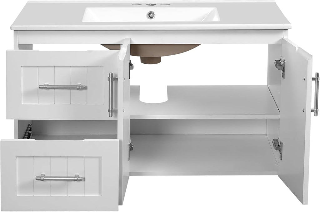 White Floating Bathroom Vanity with Sink 36 Inch,Wall Mounted Bathroom Sink Cabinet with Integrated Countertop,Adjustable Shelf & 2 Drawers,Soft Closing Doors,Solid Wood Frame