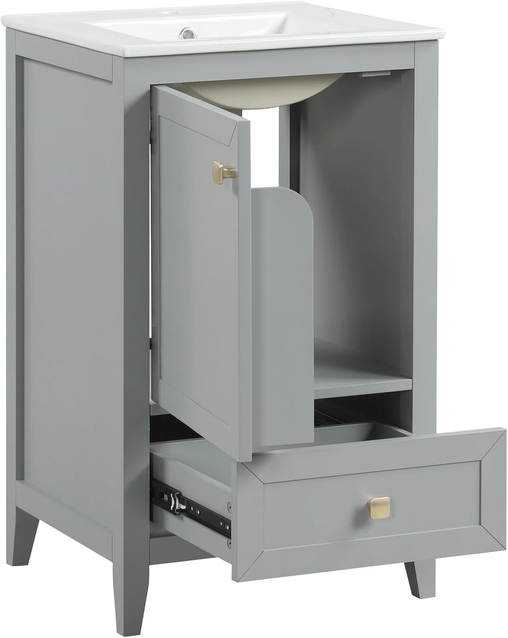 Harper & Bright Designs 20' Bathroom Vanity with Sink, Free Standing Single Vanity Set with One Drawer, and Door Storage Shelf, Solid Wood Storage Cabinet with Ceramic Basin for Bathroom, Grey