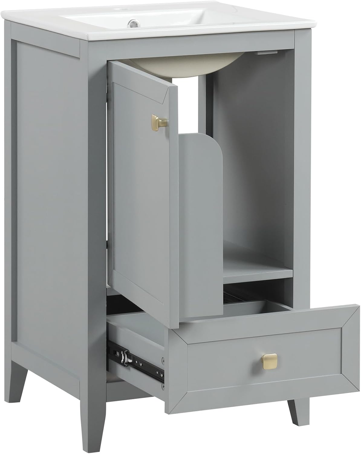 Harper & Bright Designs 20' Bathroom Vanity with Sink, Free Standing Single Vanity Set with One Drawer, and Door Storage Shelf, Solid Wood Storage Cabinet with Ceramic Basin for Bathroom, Grey