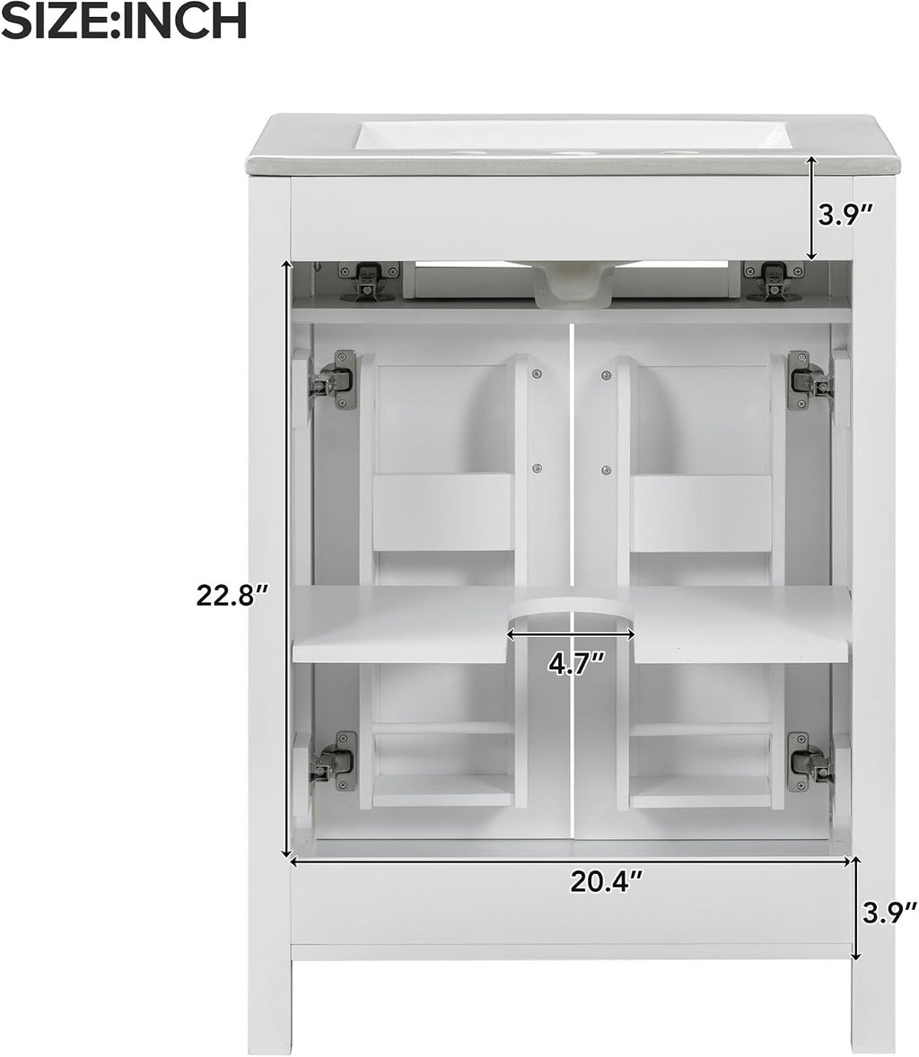 Harper & Bright Designs 24' Bathroom Vanity with Sink, Free Standing Single Basin Vanity Set with 2 Soft-Close Doors and Drawer, Modern Wooden Bathroom Cabinet with Ceramic Basin for Bathroom, White