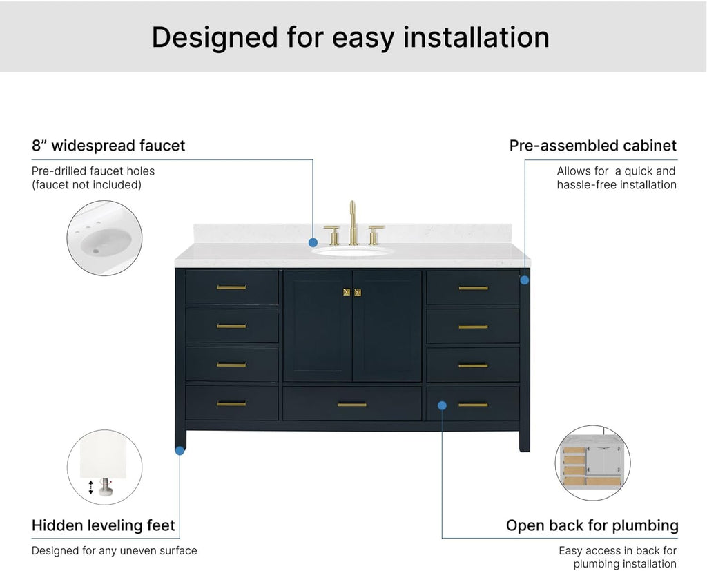 ARIEL Cambridge 66-inch Bathroom Vanity with Sink,Solid Wood, 1.5-inch Carrara White Quartz Countertop, Single Oval Porcelain Sink, 2 Soft Closing Doors, 9 Dovetail Drawers, Midnight Blue
