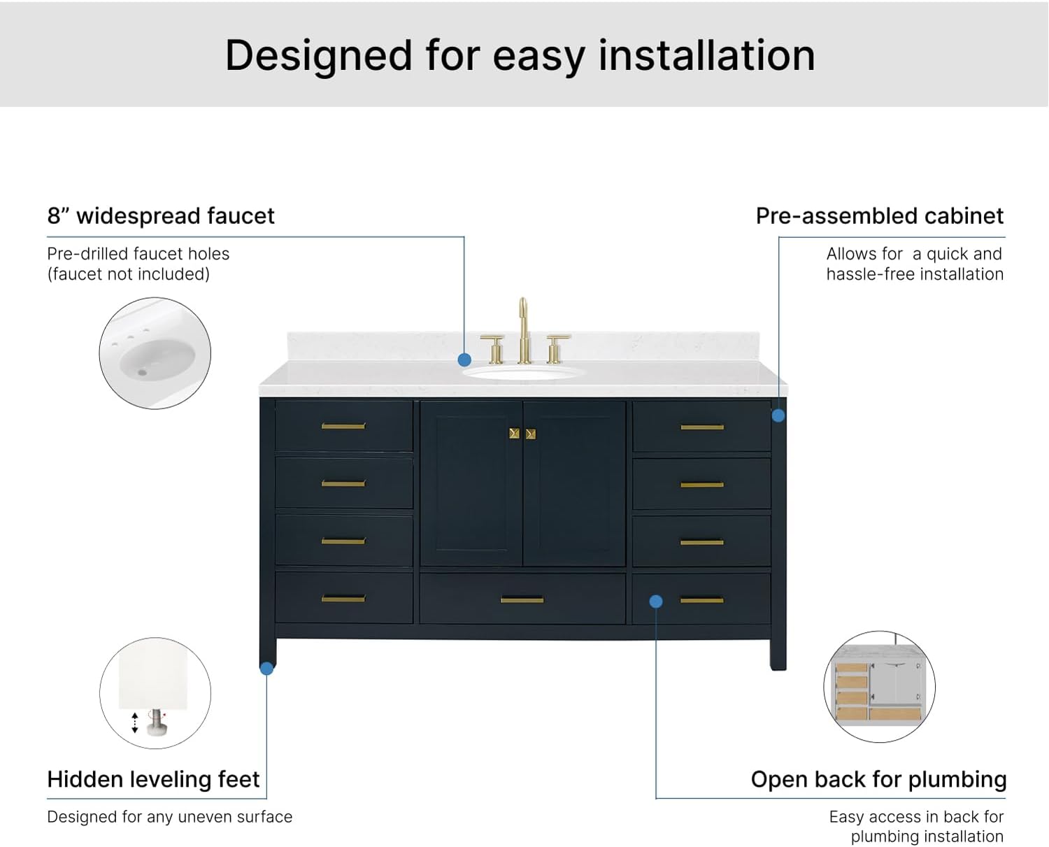 ARIEL Cambridge 66-inch Bathroom Vanity with Sink,Solid Wood, 1.5-inch Carrara White Quartz Countertop, Single Oval Porcelain Sink, 2 Soft Closing Doors, 9 Dovetail Drawers, Midnight Blue