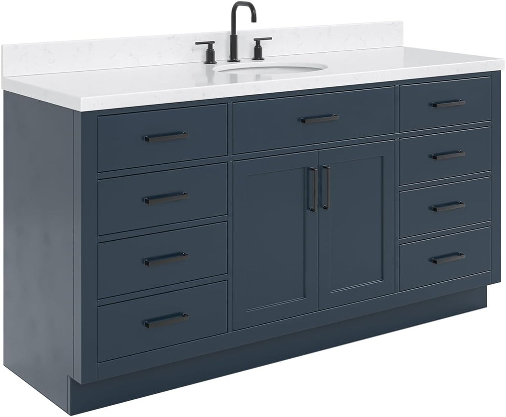 ARIEL Hepburn 66-inch Bathroom Vanity with Sink,Solid Wood, 1.5-inch Carrara White Quartz Countertop, Single Oval Porcelain Sink, 2 Soft Closing Doors, 9 Dovetail Drawers, Midnight Blue