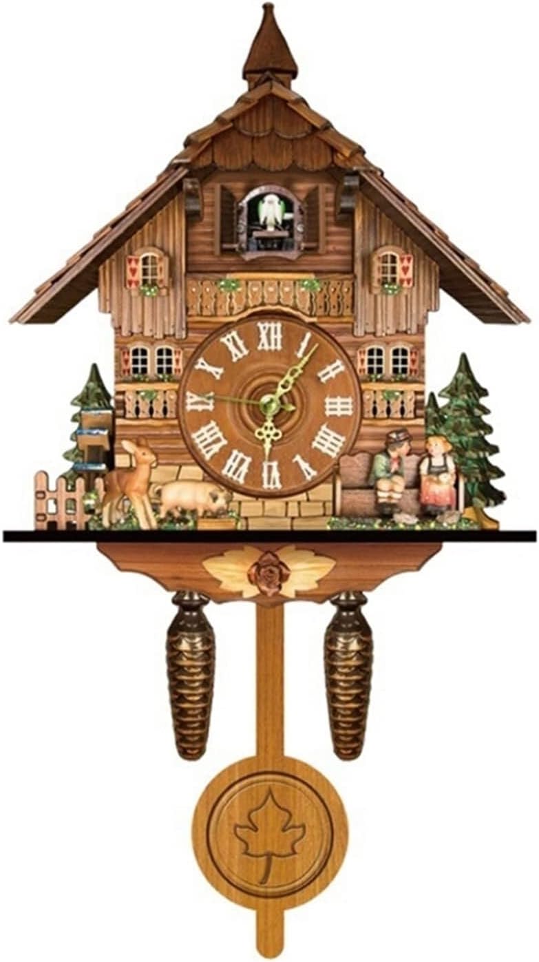 Retro Cuckoo Clock, Wooden Black Forest Style Wall Clock with Alarm, Hand-Carved Forest Animals & Figurines, Home Decor for Living Room, Bedroom, and Kids' Room – 25 x 10 x 46 cm