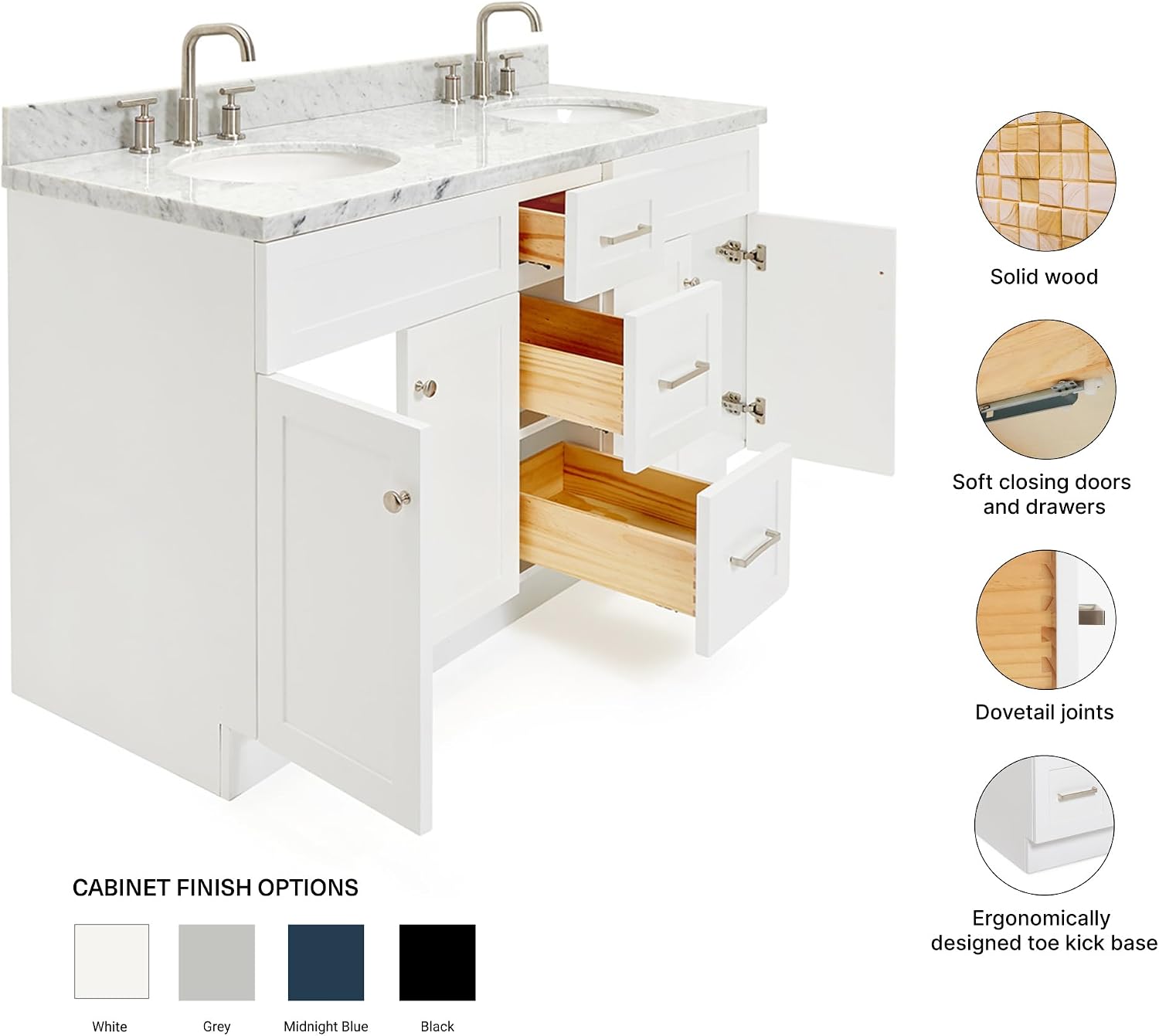 ARIEL Hamlet 60-inch Bathroom Vanity with Sink,Solid Wood, 1.5-inch Italian Carrara Marble Countertop & Backsplash, Double Oval Porcelain Sink, 4 Soft Closing Doors, 3 Dovetail Drawers, White