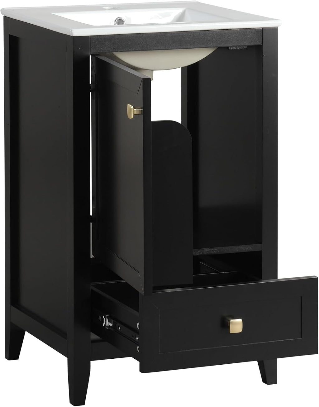 Harper & Bright Designs 20' Bathroom Vanity with Sink, Free Standing Single Vanity Set with One Drawer, and Door Storage Shelf, Solid Wood Storage Cabinet with Ceramic Basin for Bathroom, Black