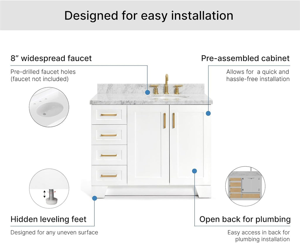 ARIEL Taylor 42-inch Bathroom Vanity with Sink,Solid Wood, 1.5-inch Italian Carrara Marble Countertop & Backsplash, Single Oval Porcelain Sink, 2 Soft Closing Doors, 5 Dovetail Drawers, White