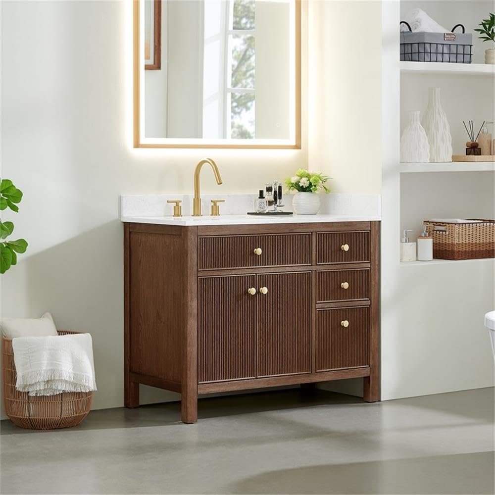 Pemberly Row 42' Bathroom Vanity, Solid Spruce Wood Cabinet, Grain Stone Countertop, Brown Oak Finish, 2 Fluted Doors, 4 Drawers, Ceramic Sink, Brushed Gold Hardware, Contemporary Style