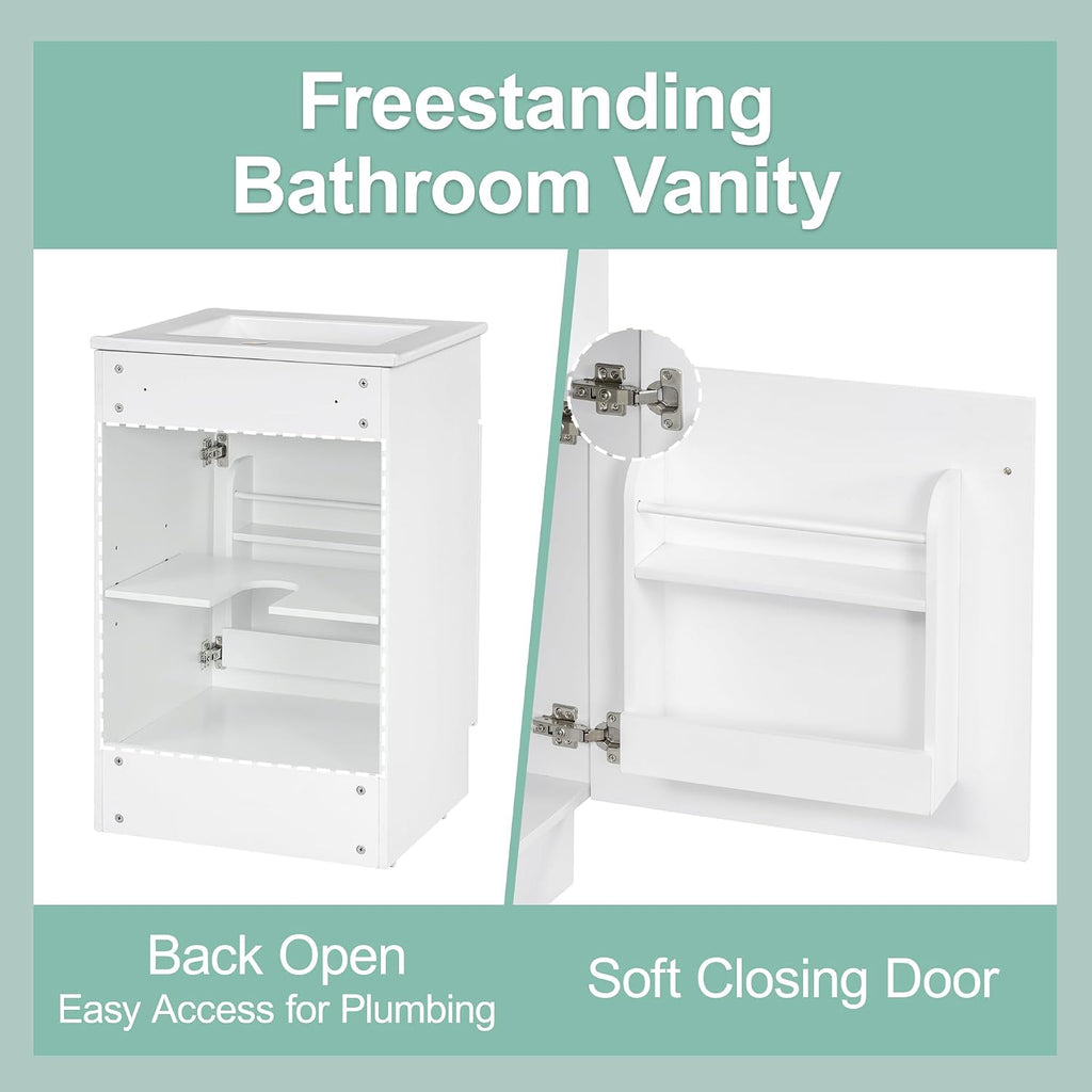 Harper & Bright Designs 20' Bathroom Vanity with Sink, Free Standing Single Basin Vanity Set with Adjustable Shelf & Storage Rack, Solid Wood Bathroom Cabinet with Ceramic Basin for Bathroom, White