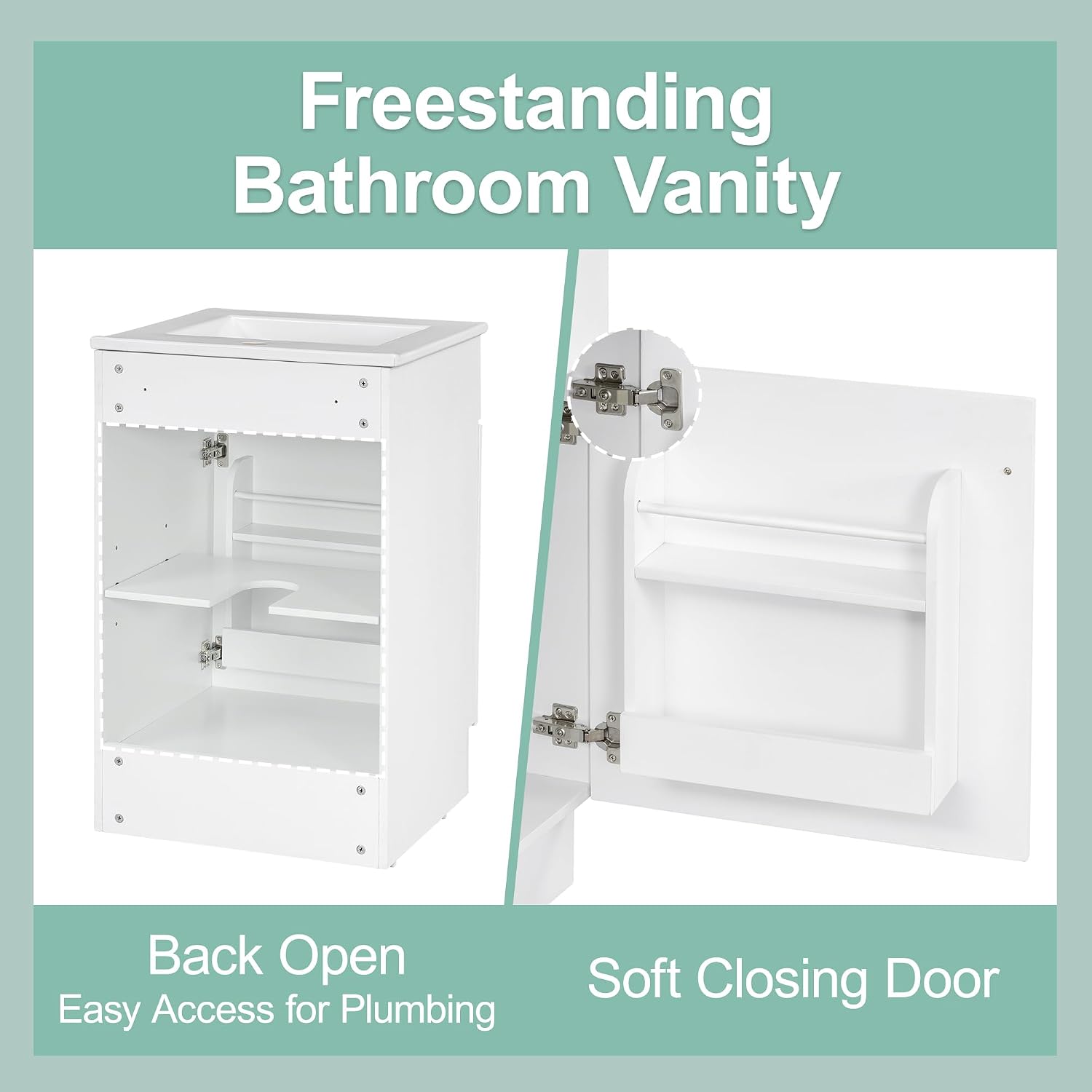 Harper & Bright Designs 20' Bathroom Vanity with Sink, Free Standing Single Basin Vanity Set with Adjustable Shelf & Storage Rack, Solid Wood Bathroom Cabinet with Ceramic Basin for Bathroom, White