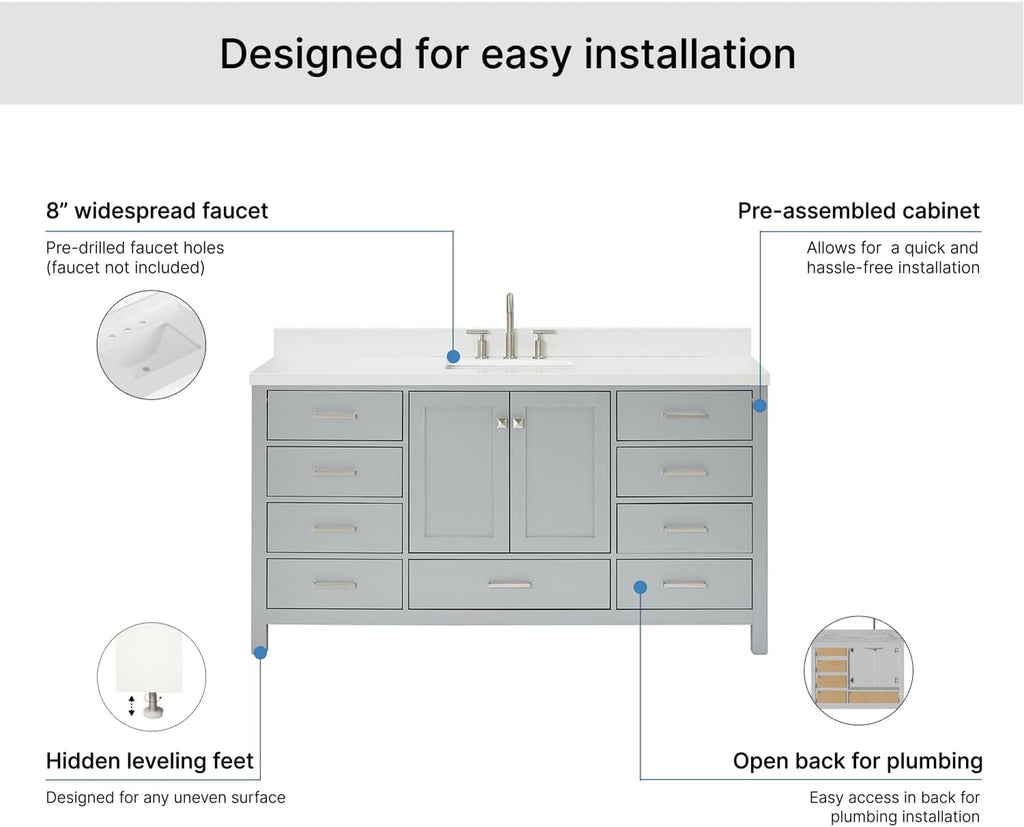 ARIEL Cambridge 66-inch Bathroom Vanity with Sink,Solid Wood, 1.5-inch Pure White Quartz Countertop & Backsplash, Single Rectangular Porcelain Sink, 2 Soft Closing Doors, 9 Dovetail Drawers, Grey
