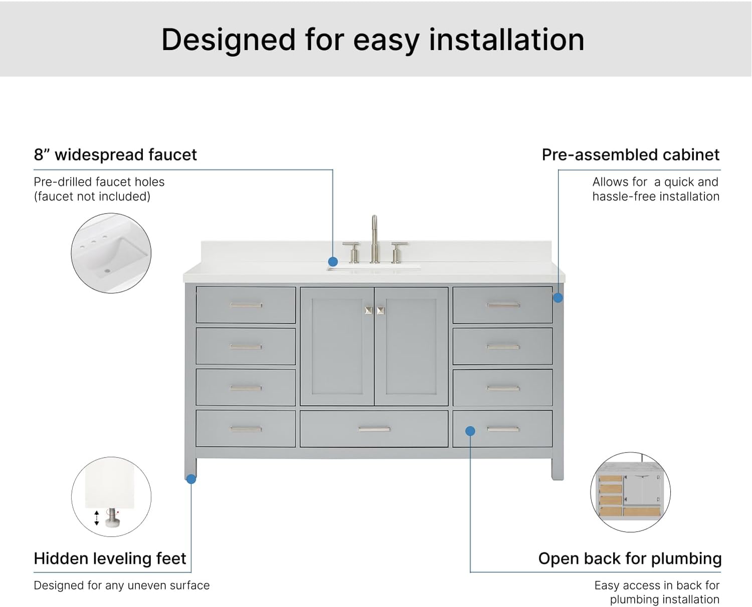 ARIEL Cambridge 66-inch Bathroom Vanity with Sink,Solid Wood, 1.5-inch Pure White Quartz Countertop & Backsplash, Single Rectangular Porcelain Sink, 2 Soft Closing Doors, 9 Dovetail Drawers, Grey