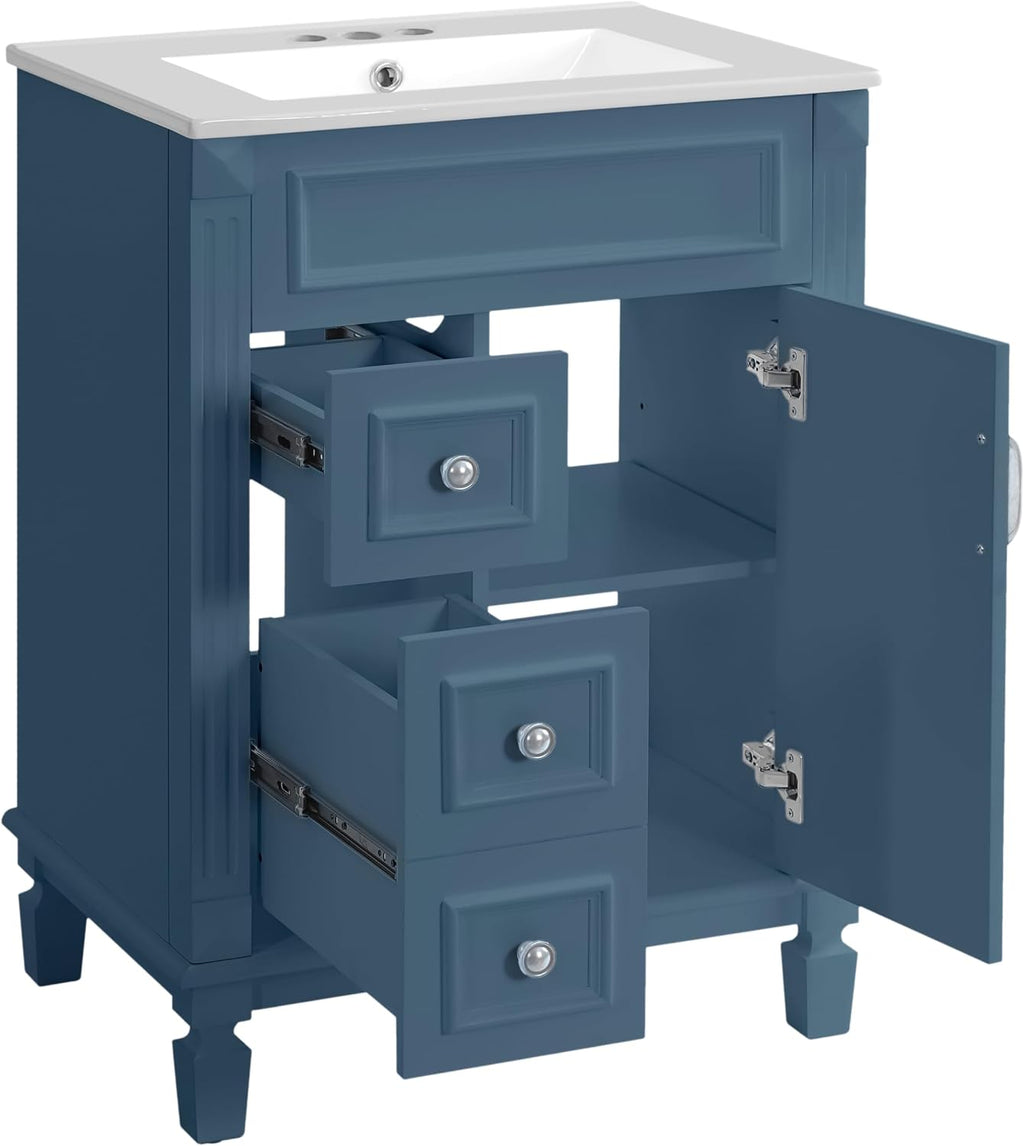 24 Inch Blue-Grey Bathroom Vanity with Sink,Modern Bathroom Vanity with 2 Left Hand Drawers & Adjustable Shelf,Soft Closing Doors & Silver Handles,Solid Wood Frame,French Embossed Front