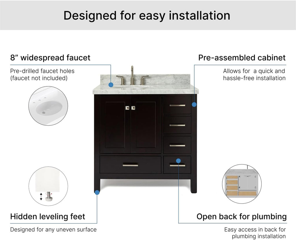 ARIEL Cambridge 36-inch Bathroom Vanity with Sink,Solid Wood, 1.5-inch Italian Carrara Marble Countertop & Backsplash, Single Oval Porcelain Sink, 2 Soft Closing Doors, 5 Dovetail Drawers, Espresso