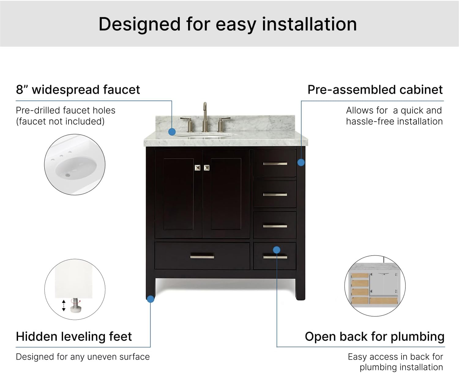 ARIEL Cambridge 36-inch Bathroom Vanity with Sink,Solid Wood, 1.5-inch Italian Carrara Marble Countertop & Backsplash, Single Oval Porcelain Sink, 2 Soft Closing Doors, 5 Dovetail Drawers, Espresso