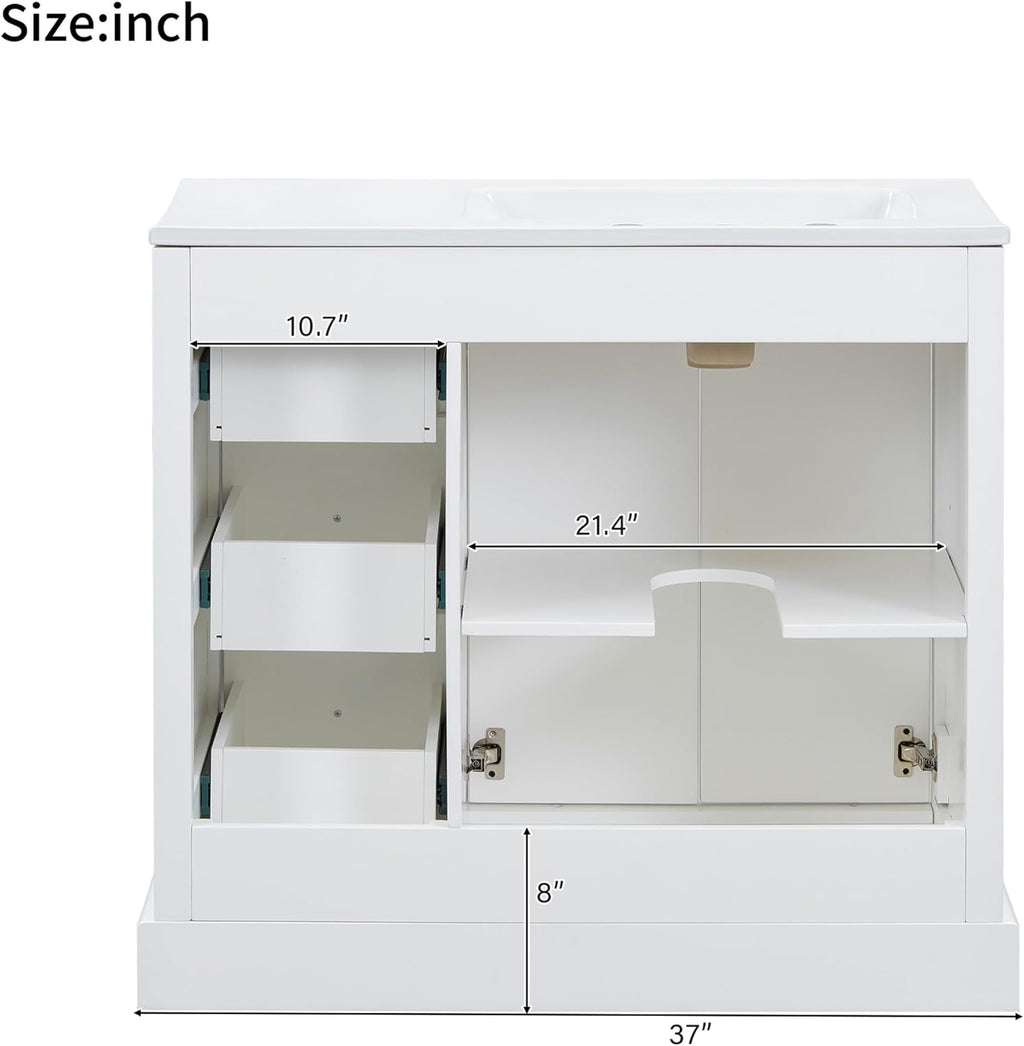 36 Inch Bathroom Vanity with Sink Set Combo Freestanding Cabinet Ceramic Top Freestanding Left Offset Basin 2 Soft Close Doors 3 Drawers White