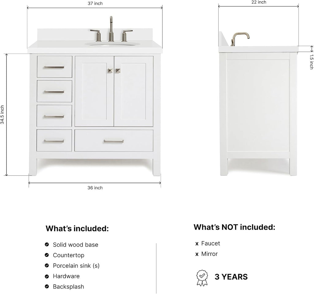 ARIEL Cambridge 36-inch Bathroom Vanity with Sink,Solid Wood, 1.5-inch Pure White Quartz Countertop & Backsplash, Single Oval Porcelain Sink, 2 Soft Closing Doors, 5 Dovetail Drawers, White