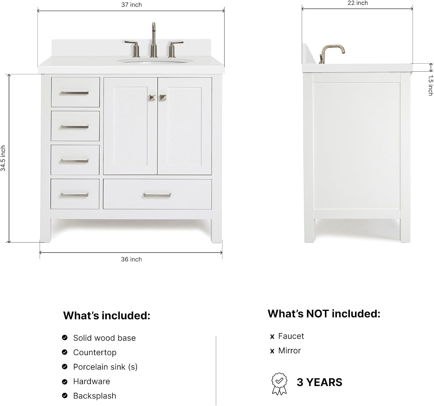 ARIEL Cambridge 36-inch Bathroom Vanity with Sink,Solid Wood, 1.5-inch Pure White Quartz Countertop & Backsplash, Single Oval Porcelain Sink, 2 Soft Closing Doors, 5 Dovetail Drawers, White