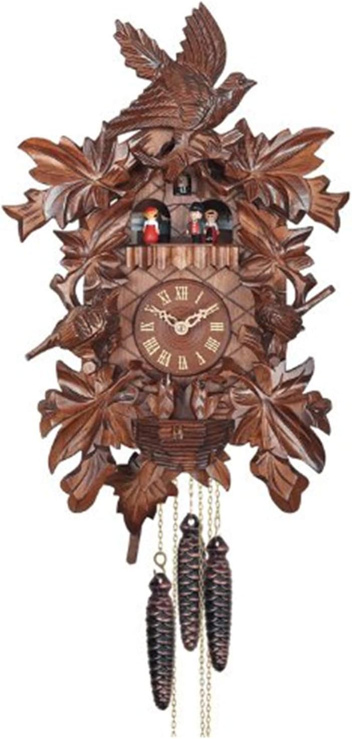 One Day Musical Cuckoo Clock with Hand Carved Birds, Leaves, and Chicks in Nest