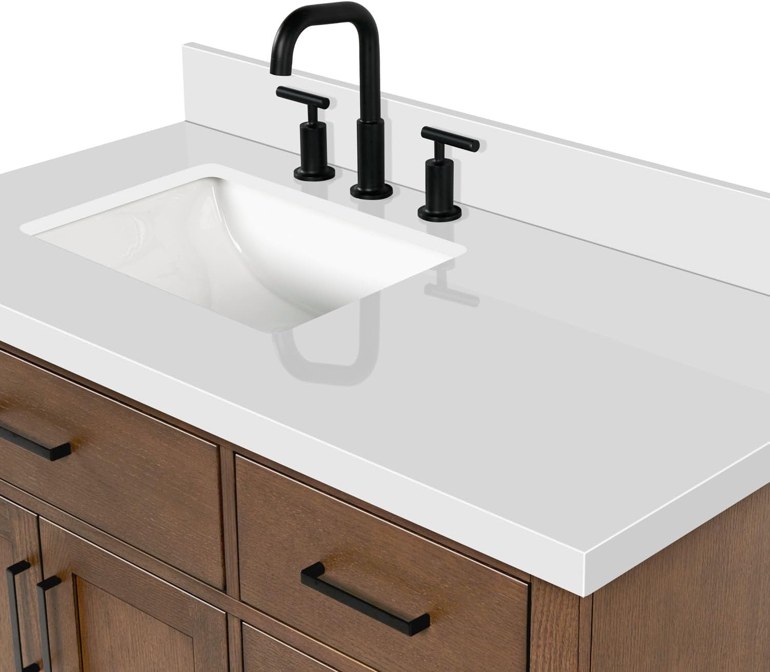 DKB Isabella 42-Inch Brown Oak Single Bathroom Vanity with Sink, 1.5-Inch Edge Pure White Quartz Countertop & 4' Backsplash, Soft-Closing Doors & Drawers, Solid Oak Wood Construction