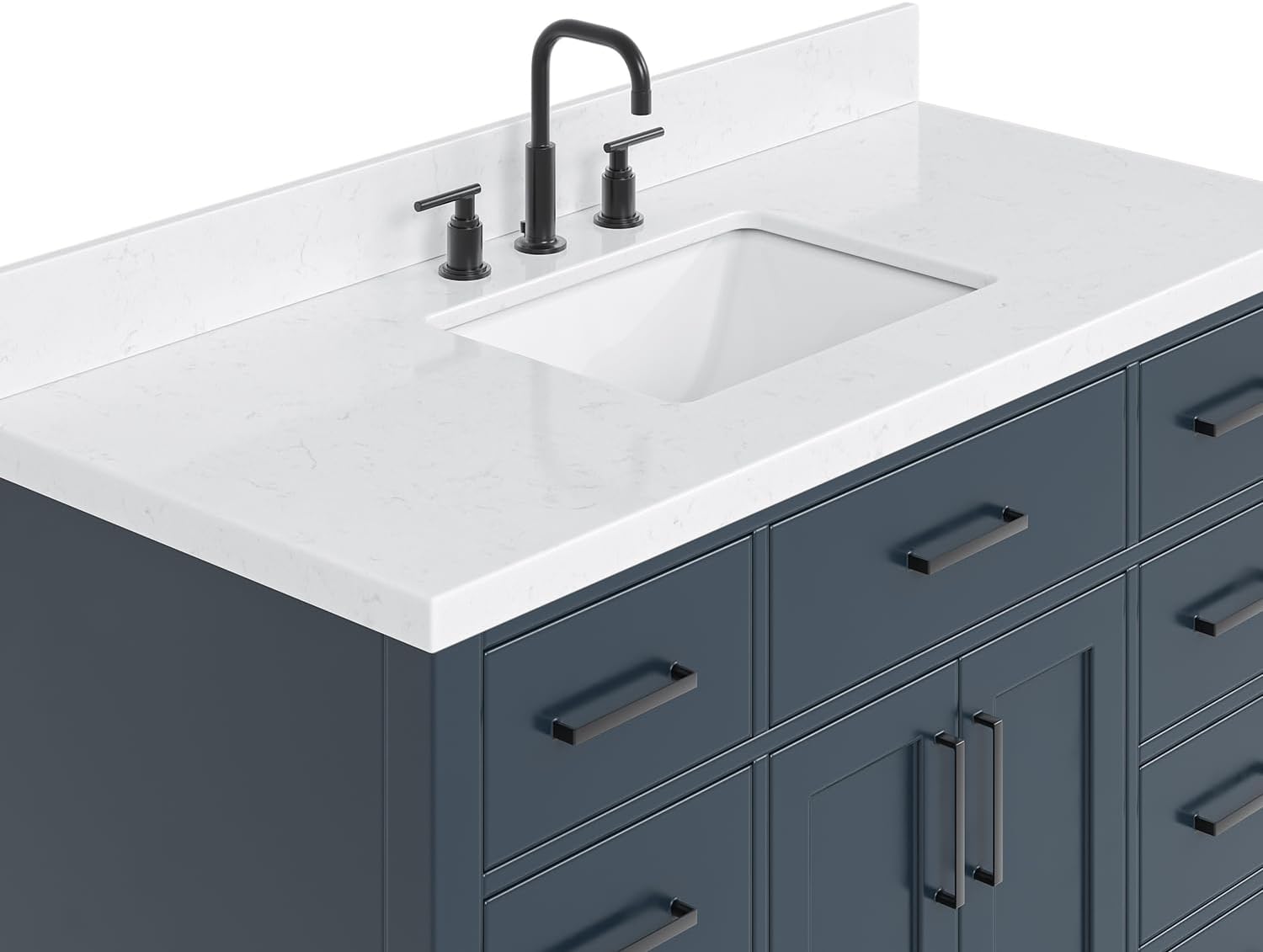 ARIEL Hepburn 48-inch Bathroom Vanity with Sink,Solid Wood, 1.5-inch Carrara White Quartz Countertop, Single Rectangular Porcelain Sink, 2 Soft Closing Doors, 9 Dovetail Drawers, Midnight Blue