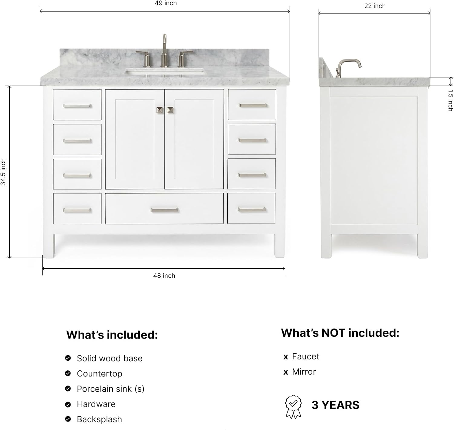 ARIEL Cambridge 48-inch Bathroom Vanity with Sink,Solid Wood, 1.5-inch Italian Carrara Marble Countertop, Single Rectangular Porcelain Sink, 2 Soft Closing Doors, 9 Dovetail Drawers, White