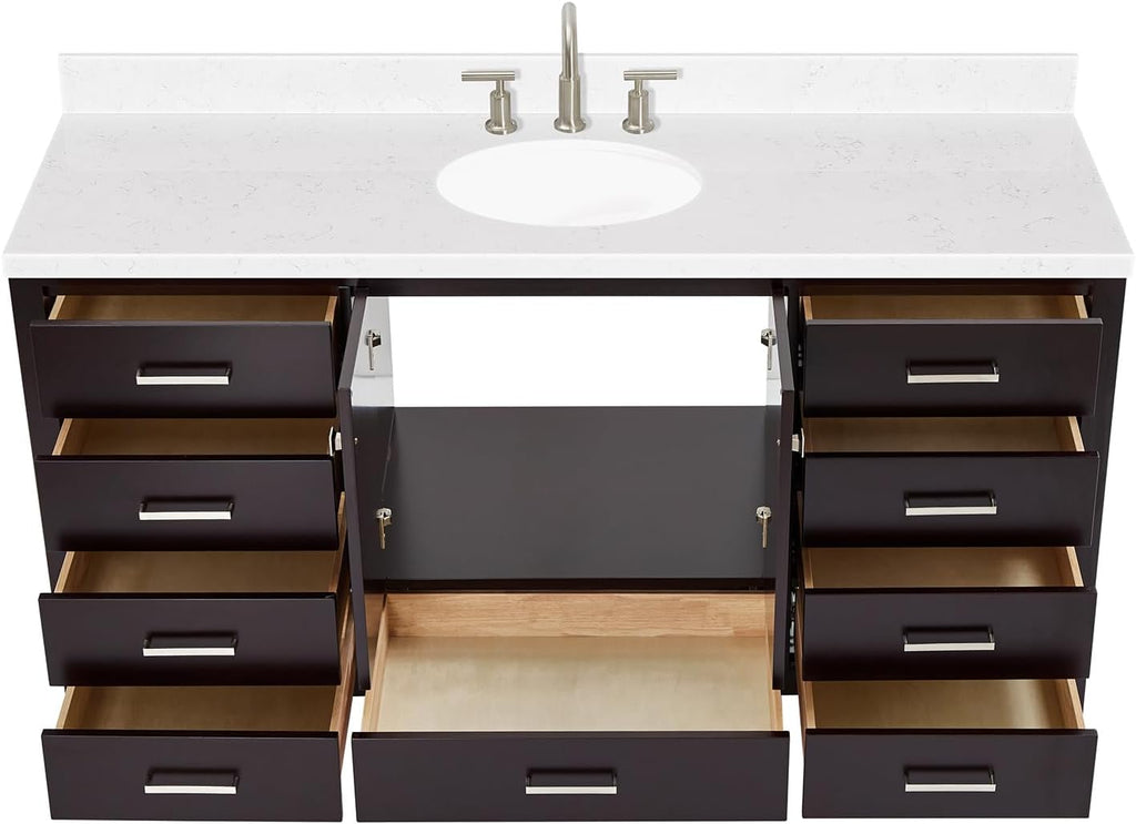 ARIEL Cambridge 66-inch Bathroom Vanity with Sink,Solid Wood, 1.5-inch Carrara White Quartz Countertop & Backsplash, Single Oval Porcelain Sink, 2 Soft Closing Doors, 9 Dovetail Drawers, Espresso