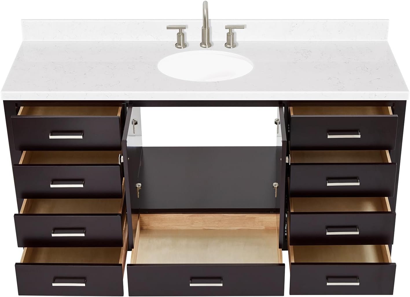 ARIEL Cambridge 66-inch Bathroom Vanity with Sink,Solid Wood, 1.5-inch Carrara White Quartz Countertop & Backsplash, Single Oval Porcelain Sink, 2 Soft Closing Doors, 9 Dovetail Drawers, Espresso