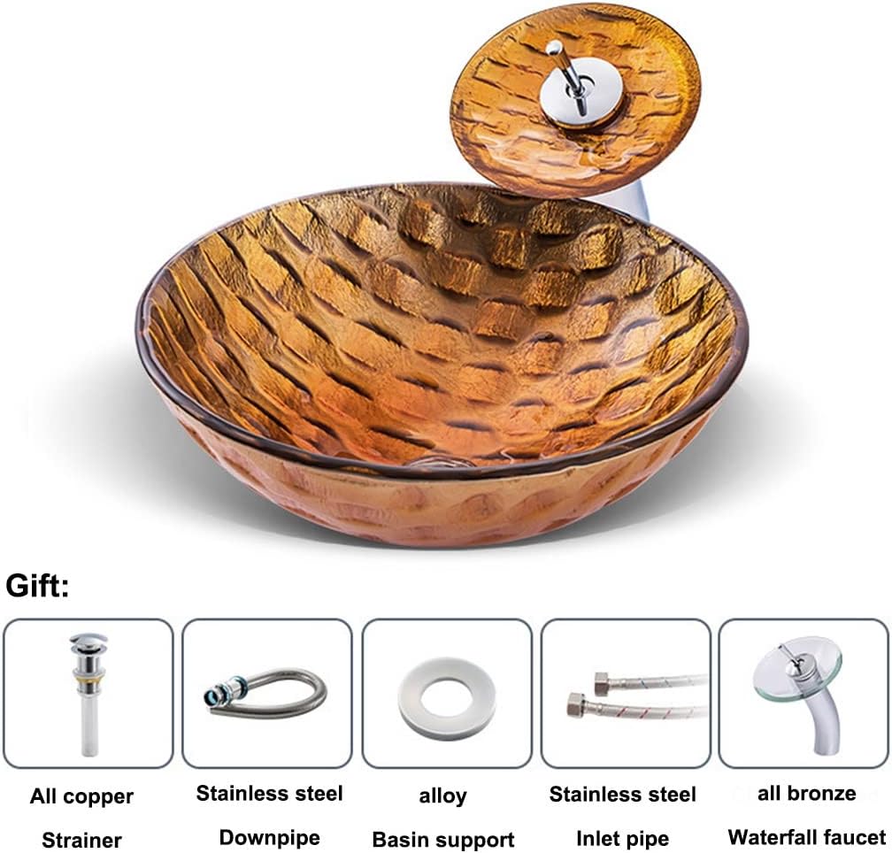 MBROS Tempered Glass Bathroom Vanity Sinks Orange Round Shape Artistic Vessel Sink Counter Top Installation with Waterfall Chrome Faucet Combo and Pop Up Sink Drain (Color : Orange, Size : 42x42x1