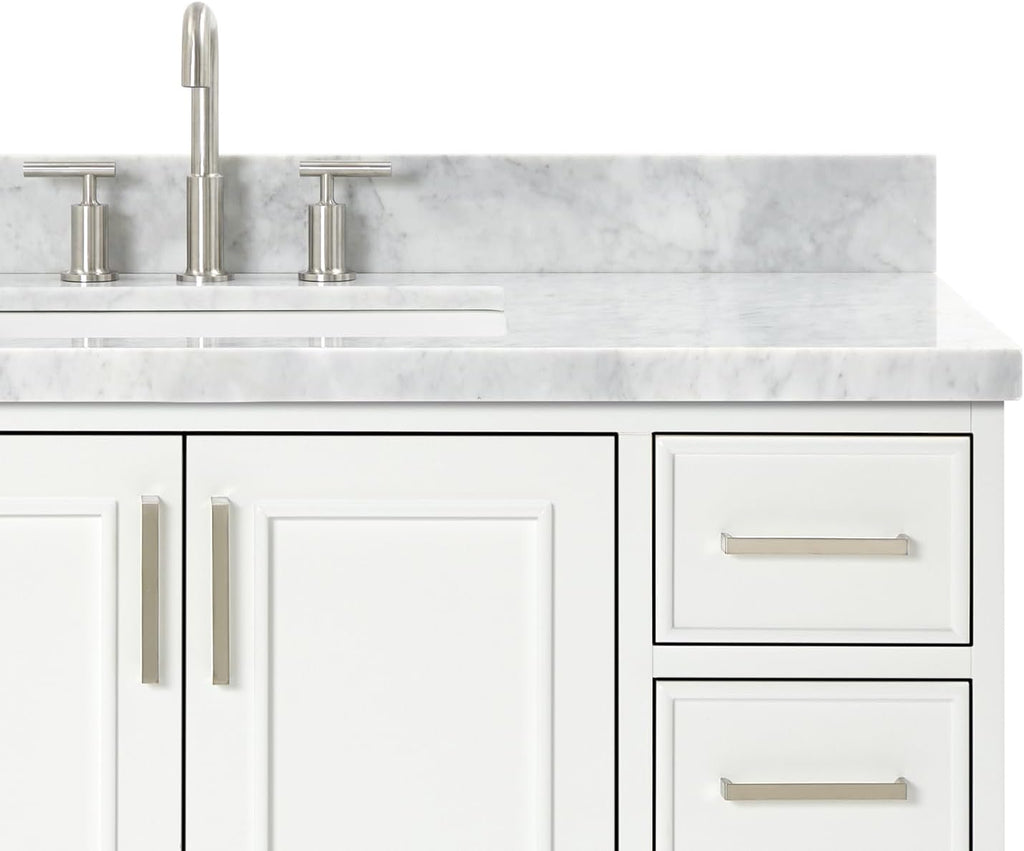 ARIEL Stafford 48-inch Bathroom Vanity with Sink,Solid Wood, 1.5-inch Italian Carrara Marble Countertop, Single Rectangular Porcelain Sink, 2 Soft Closing Doors, 9 Dovetail Drawers, White