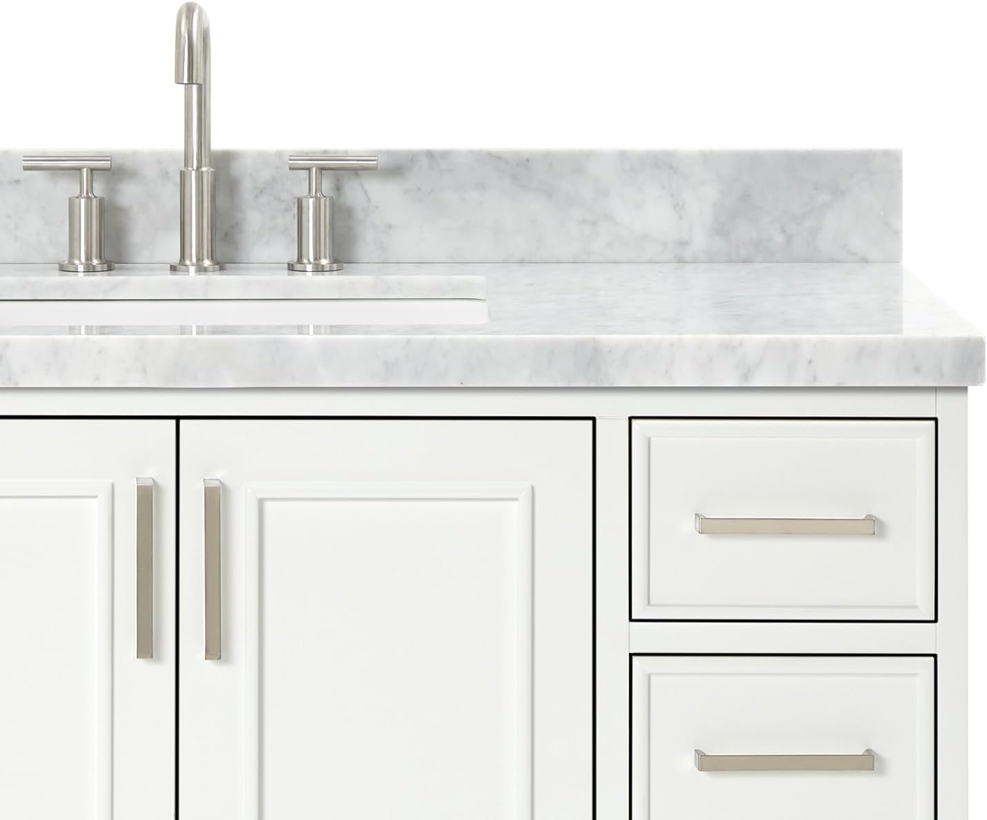 ARIEL Stafford 48-inch Bathroom Vanity with Sink,Solid Wood, 1.5-inch Italian Carrara Marble Countertop, Single Rectangular Porcelain Sink, 2 Soft Closing Doors, 9 Dovetail Drawers, White